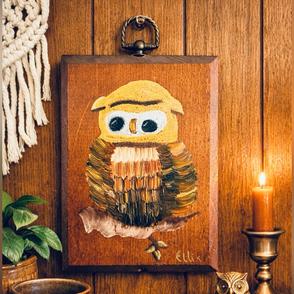 Vintage 1970s Hand Painted Owl Wall Plaque | Signed Folk Art Decor